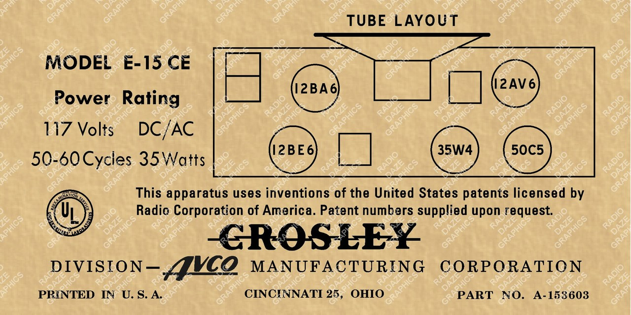 Crosley Model E15CE Label (Item: LBL-CR-E15CE)
