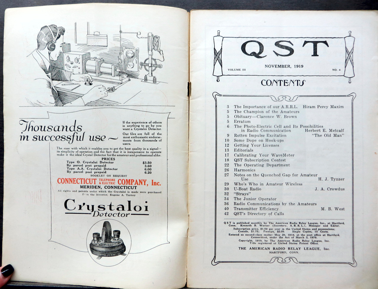 November 1919 Inside Cover & Table of Contents