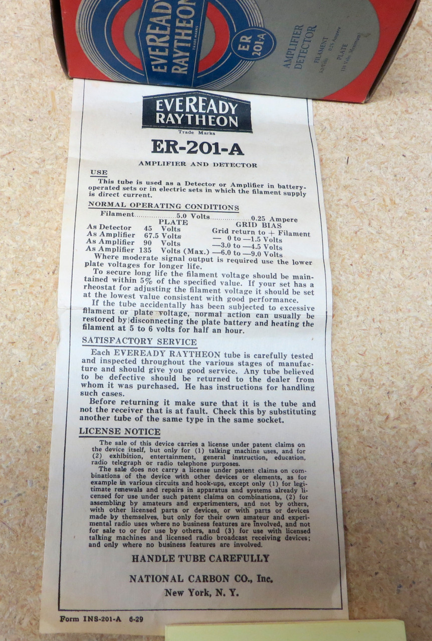 Eveready Raytheon ER-201A (Globe UX-201A) Vacuum Tube - New Old Stock In Box (Item: RDW-103)