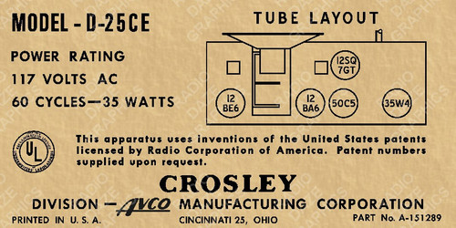Crosley D-25CE Label (Item: LBL-CR-D25CE)