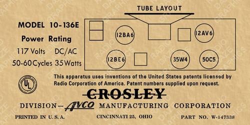 Crosley 10-136E Label-12AV6 Version (Item: LBL-10-136E-12AV6)