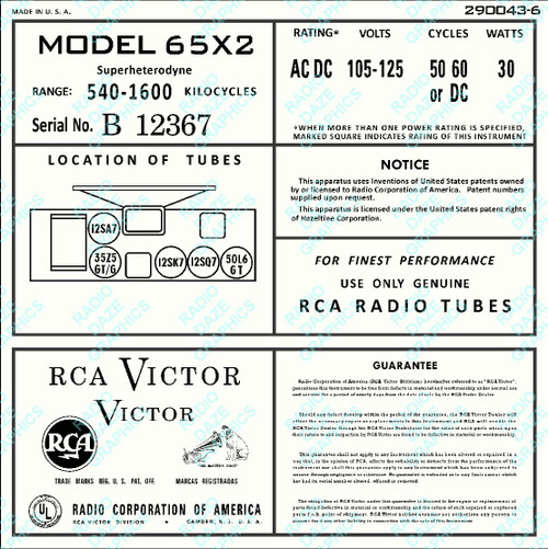 RCA Model 65X2 Label (Item: LBL-RC-65X2)
