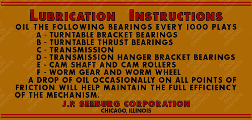 Classic Symphonola Lubrication Instruction Label (Item: LBL-SBG-004)