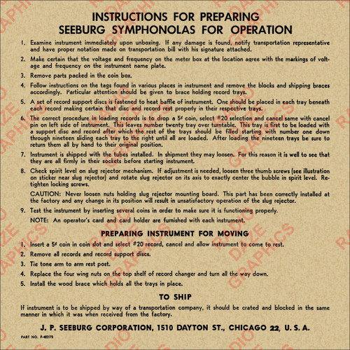 Classic Symphonola Preparation Chart (Item: (LBL-SBG-010)