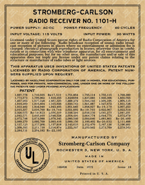 Stromberg Carlson Model 1101-H Patent Label (Item: LBL-SC-1101H)