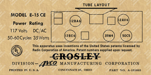 Crosley Model E15CE Label (Item: LBL-CR-E15CE)