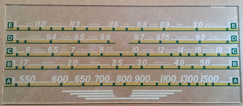 Dial image taken against tan background to illustrate white print. Glass is clear other than printing.