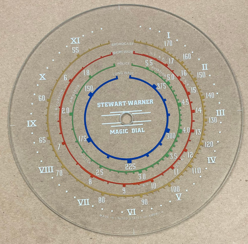 Dial glass illustrated against a tan background. Dial glass is clear other than dial scale print.