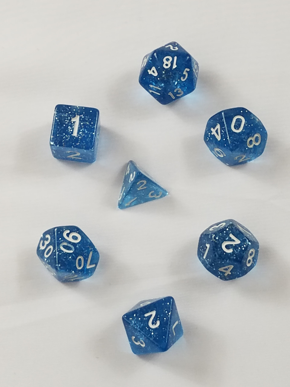 RPG Dice Blue Glitter with White Pips Polyhedral 7 Dice Set New