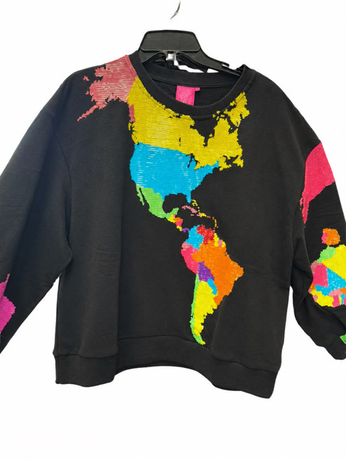Vist Large View of Product Image Which is Women’s black crewneck sweatshirt with a colorful sequin world map graphic across the front and matching multicolor sequin accents on the sleeves.