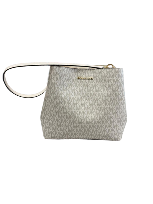 Vist Large View of Product Image Which is Michael Kors white and gray MK logo handbag with a top zipper, slim strap, and small gold-tone front logo.