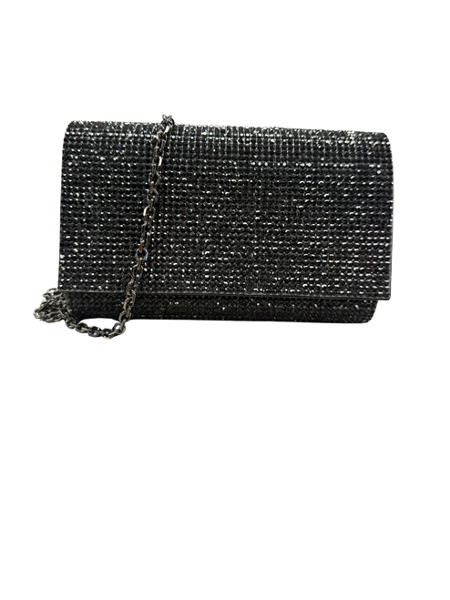 Vist Large View of Product Image Which is Judith Leiber black rhinestone-embellished rectangular evening clutch with a foldover flap and dark gunmetal-tone chain strap.