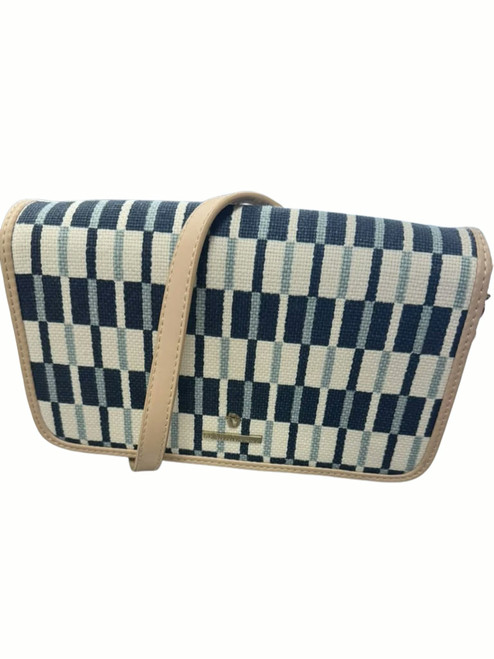 Vist Large View of Product Image Which is Spartina 449 small handbag, front view with navy, cream and light blue geometric pattern and tan strap