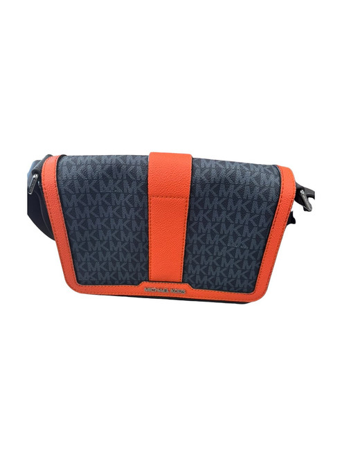 Vist Large View of Product Image Which is MICHAEL Michael Kors small navy signature logo crossbody handbag with orange leather trim, front view