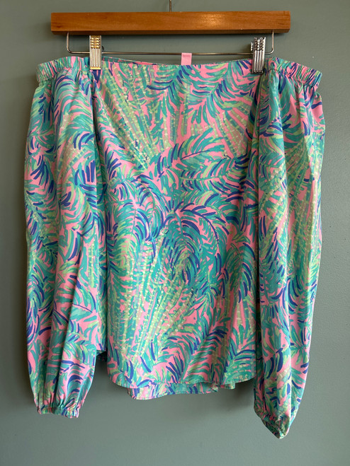 Vist Large View of Product Image Which is Used Lilly Pulitzer off shoulder silk Long Sleeve Top XS-0/2 off3