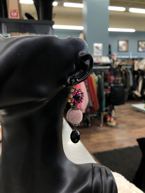 Vist Large View of Product Image Which is Used Black Gem With Fuzz Ball Earrings