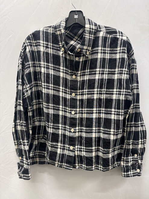 Vist Large View of Product Image Which is Used Aritzia Black and White Plaid Wilfred Linen Long Sleeve Top XS-0/2