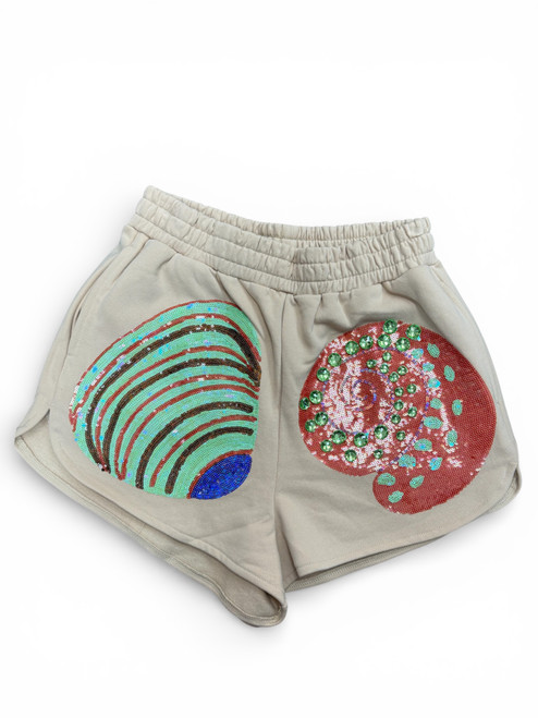 Vist Large View of Product Image Which is Gently Used Queen of Sparkles Tan Sequin Shell Shorts