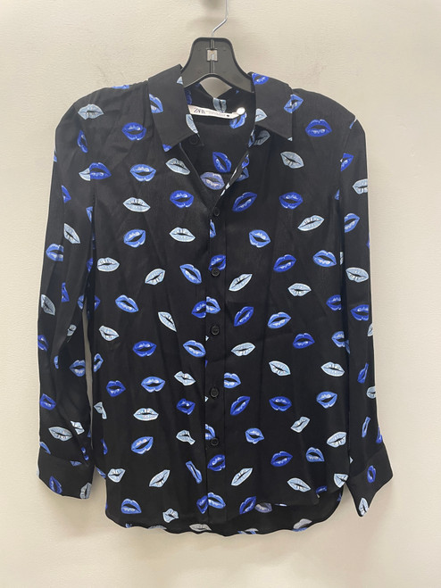 Vist Large View of Product Image Which is Used Black with Blue Lips Zara Long Sleeve Top with Matching Skirt Set XS-0/2