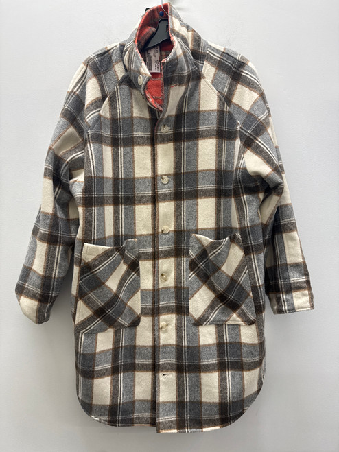 Vist Large View of Product Image Which is Used Grey Plaid Reversible Orange Plaid Long Heavy Coat L-12/14