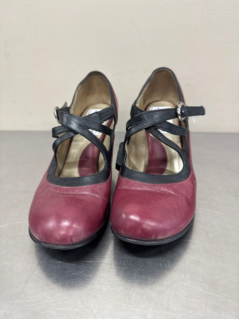 Vist Large View of Product Image Which is Used Wine and Black John Fluevog John Fluevog Bellevue Pearl Hart criss-crossed Mary Jane Heels  7.5