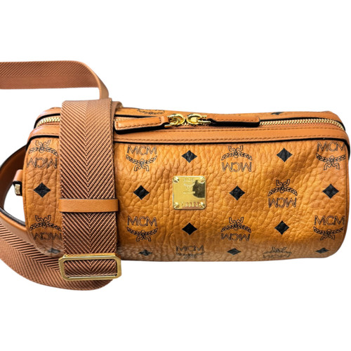 Vist Large View of Product Image Which is Used MCM Munchen Aren Barrel Visetos Cognac Crossbody