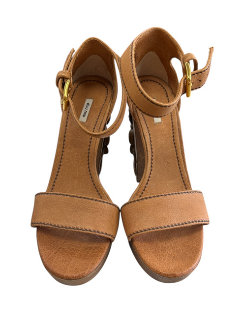 Vist Large View of Product Image Which is NWT Miu Miu Brown Leather Floral Carved Wooden Heel Sandals Size 6