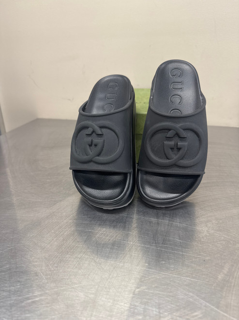 Vist Large View of Product Image Which is Used NWT Gucci Black Rubber Logo Sandals Jumbo Chunky Lug Slides Women 7