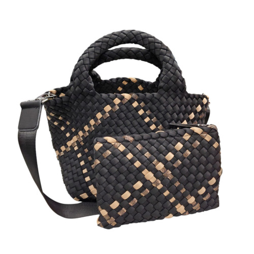 Vist Large View of Product Image Which is Used Naghedi Small St. Barth's Neoprene black woven tote Handbag