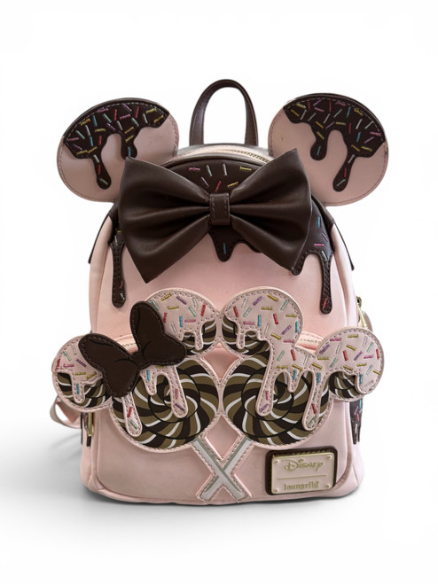 Vist Large View of Product Image Which is Gently Used Loungefly Disney Minnie Mouse Chocolate Sprinkle Lollipop Ears Mini Backpack