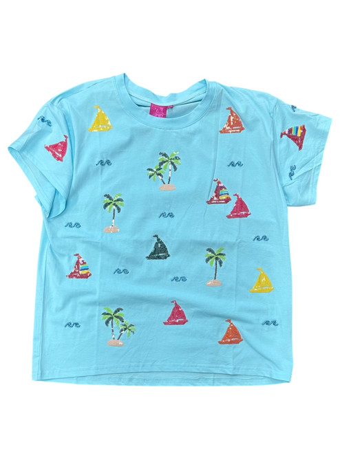 Vist Large View of Product Image Which is Gently Used Queen of Sparkles Sailboat and Palm Tree Sequin Design