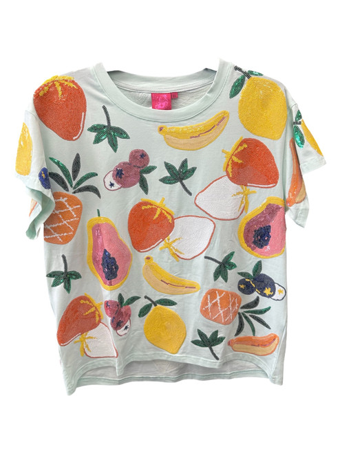 Vist Large View of Product Image Which is Gently Used Queen of Sparkles Sequin Fruit Design