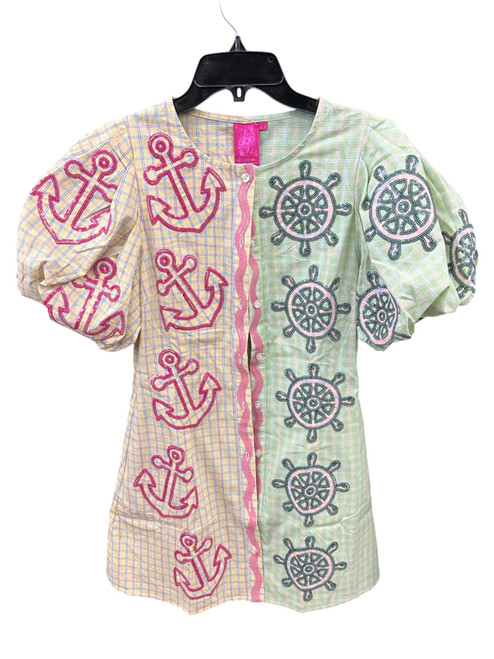 Vist Large View of Product Image Which is Gently Used Queen of Sparkles colorblock anchor button-up dress