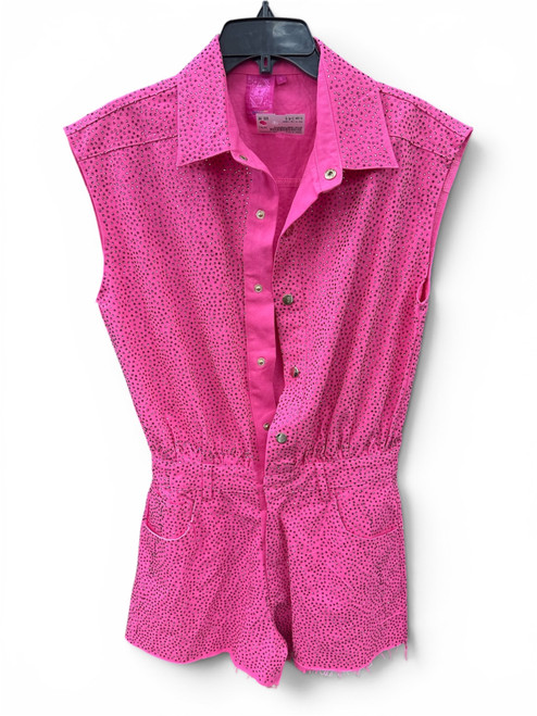 Vist Large View of Product Image Which is Gently Used Queen of Sparkles Hot Pink Crystal Studded Romper