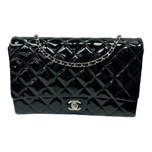 Vist Large View of Product Image Which is Used Chanel Jumbo Quilted Clutch with Chain Black Patent Leather