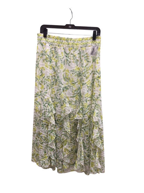 Vist Large View of Product Image Which is White, yellow, green, ruffled bottom, zipper back, stretch waist