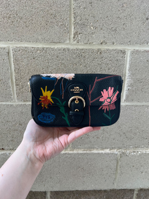 Vist Large View of Product Image Which is Coach x Jean-Michel Basquiat Black Leather Floral Crossbody Bag