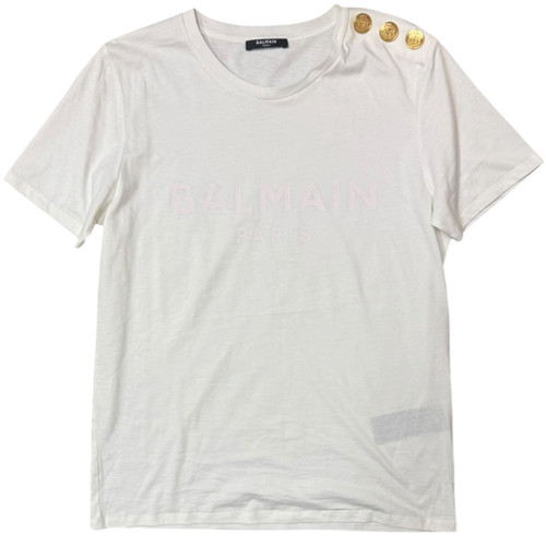 Vist Large View of Product Image Which is Used Balmain White & Pale Pink Logo Cotton T-Shirt with Gold Shoulder Buttons size Medium