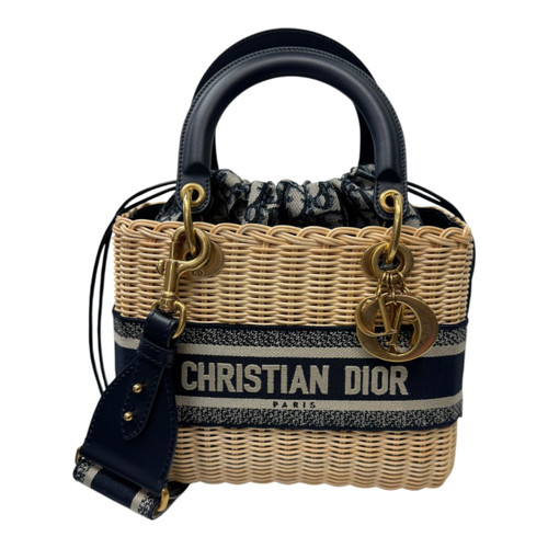 Vist Large View of Product Image Which is Used Christian Dior Medium Lady Dior Bag in Natural Rattan & Blue Dior Oblique