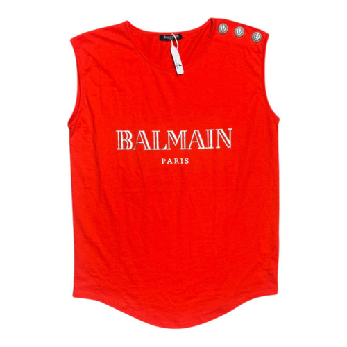 Vist Large View of Product Image Which is Used Balmain Red Logo Cotton Tank Top with Silver Shoulder Buttons Small