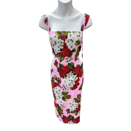 Vist Large View of Product Image Which is Used Dolce & Gabbana Pink Geranium Print Sleeveless Cady Midi Dress size IT46- US 12