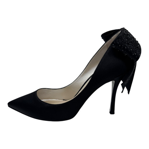 Vist Large View of Product Image Which is Used René Caovilla Black Satin Crystal-Embellished Bow Pointed-Toe Pumps size 10
