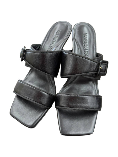 Vist Large View of Product Image Which is Marion Parke black leather high heel sandals with square toe and buckle strap, front view