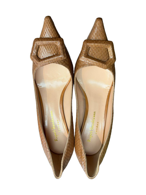 Vist Large View of Product Image Which is Rupert Sanderson tan snake-embossed pointed-toe pumps with buckle detail, top view
