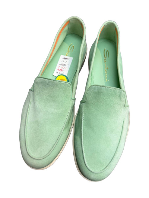 Vist Large View of Product Image Which is Pair of Santoni Luxe810 mint green suede loafer flats, front view