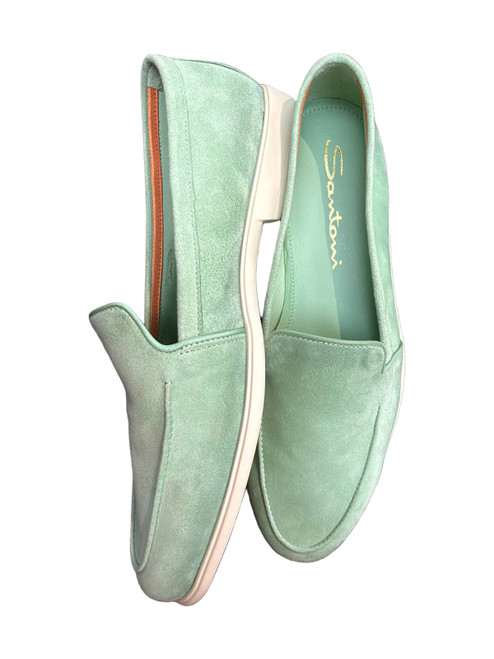 Vist Large View of Product Image Which is Santoni Luxe810 mint green suede loafer flats with cream sole, top and side view