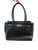 Michael Kors black pebbled leather tote bag with dual top handles, silver-tone studded front strap detail, interior zip compartment, and metal feet on the base. View 1