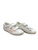 Golden Goose white leather low-top sneakers with double Velcro straps, pink metallic star detail, perforated sides, metallic heel accents, and distressed soles. View 1