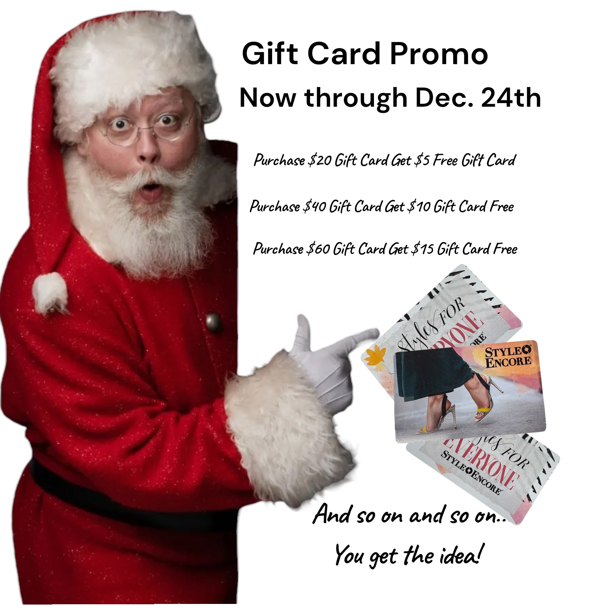 An image of Santa Claus and text describing our gift card promotion