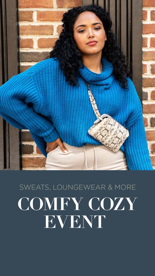 A photo of a women in a blue sweater with verbiage aout our comfy, cozy event